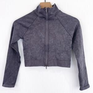 Mono B Women's Purple Raglan Athletic Cropped Long Sleeve Double Zip Sweater